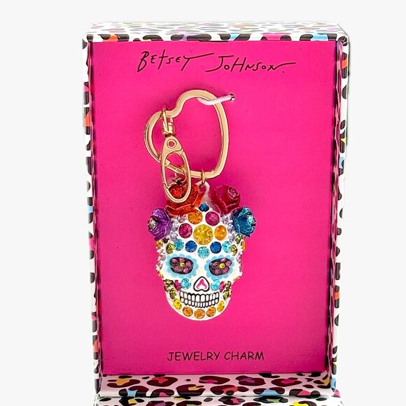 Betsey Johnson Sugar Skull Bag Charm Jeweled Fob KeyChain Day of the Dead NIB - Picture 1 of 11